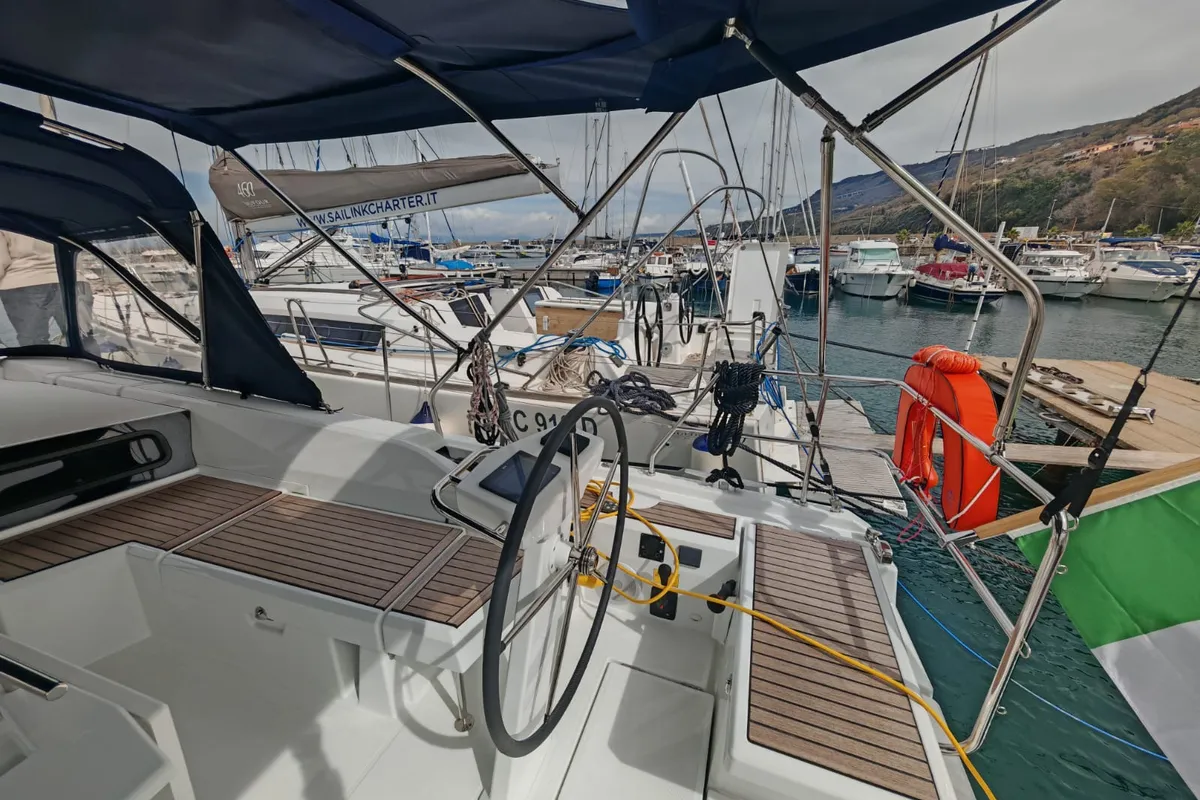 Cockpit of Aurora, a Beneteau Oceanis 46.1 sailboat at Vibo Valentia, Italy