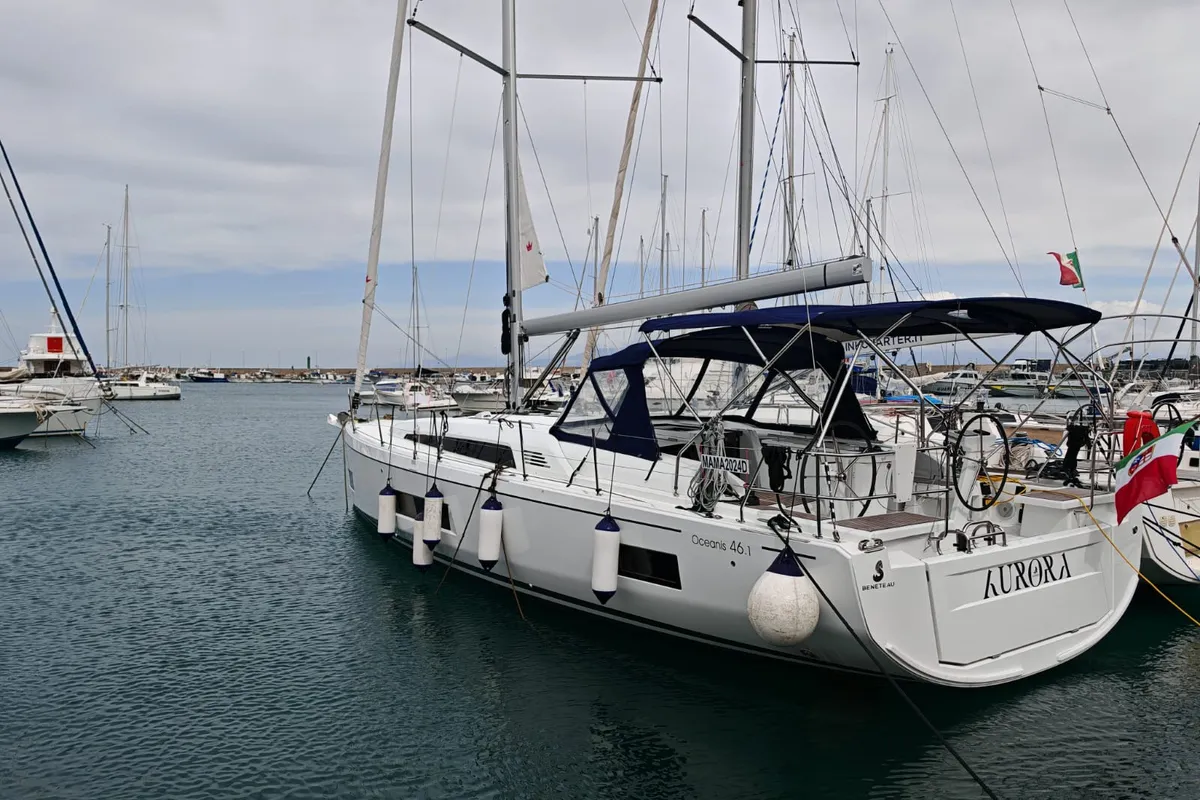 Exterior view of Aurora, a Beneteau Oceanis 46.1 sailboat at Vibo Valentia, Italy