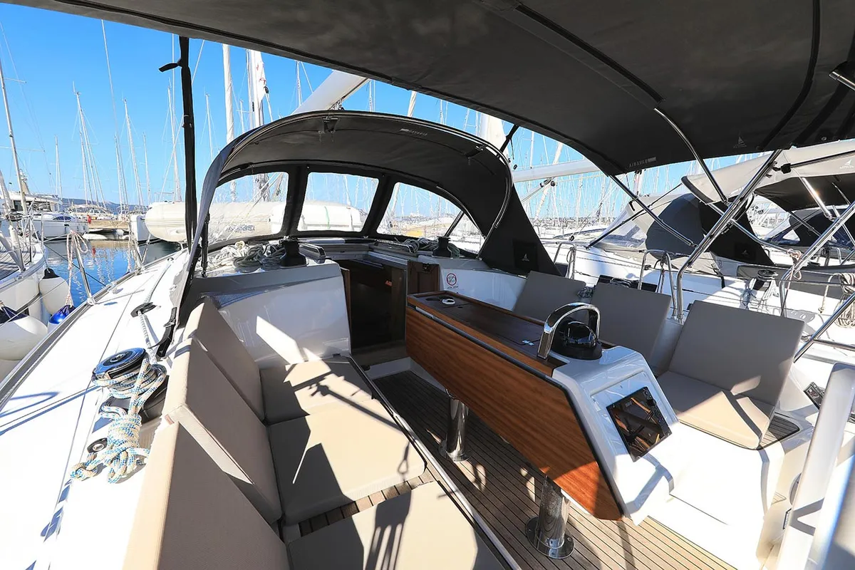 Cockpit of Bahari, a Bavaria Cruiser 37 sailboat at Grad Trogir, Croatia