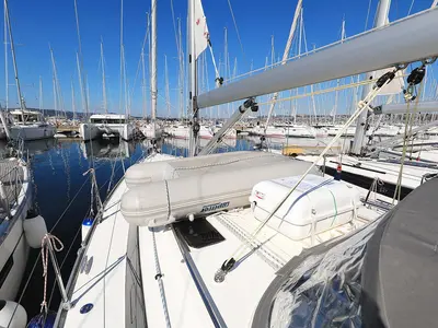 Deck of Bahari, a Bavaria Cruiser 37 sailboat at Grad Trogir, Croatia
