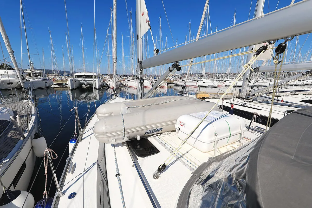Deck of Bahari, a Bavaria Cruiser 37 sailboat at Grad Trogir, Croatia