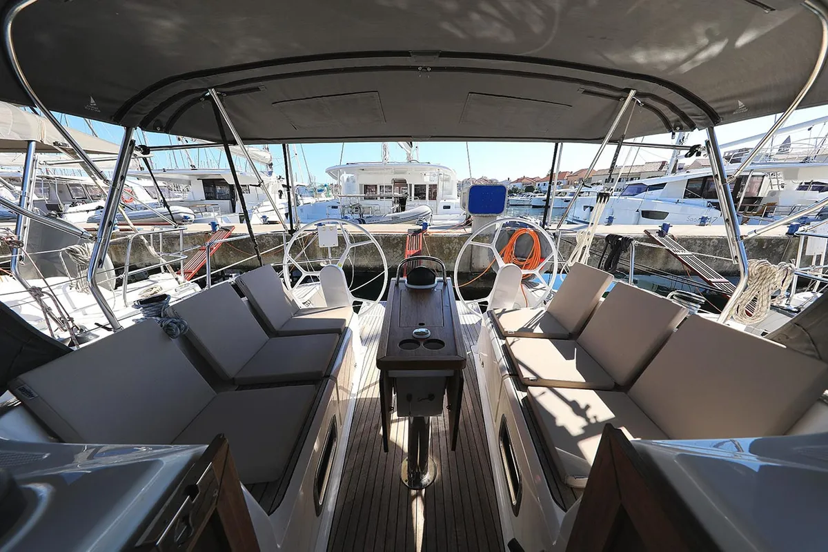 Cockpit of Bahari, a Bavaria Cruiser 37 sailboat at Grad Trogir, Croatia