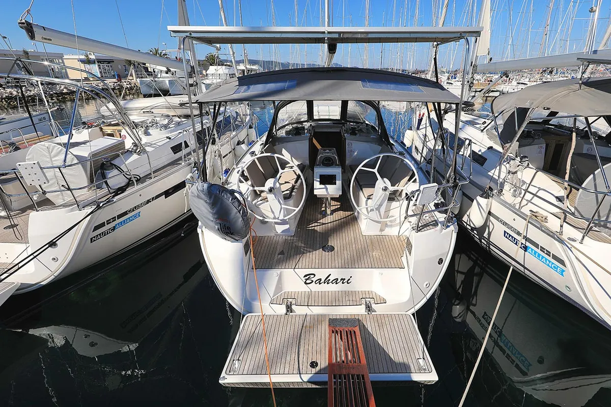Exterior view of Bahari, a Bavaria Cruiser 37 sailboat at Grad Trogir, Croatia