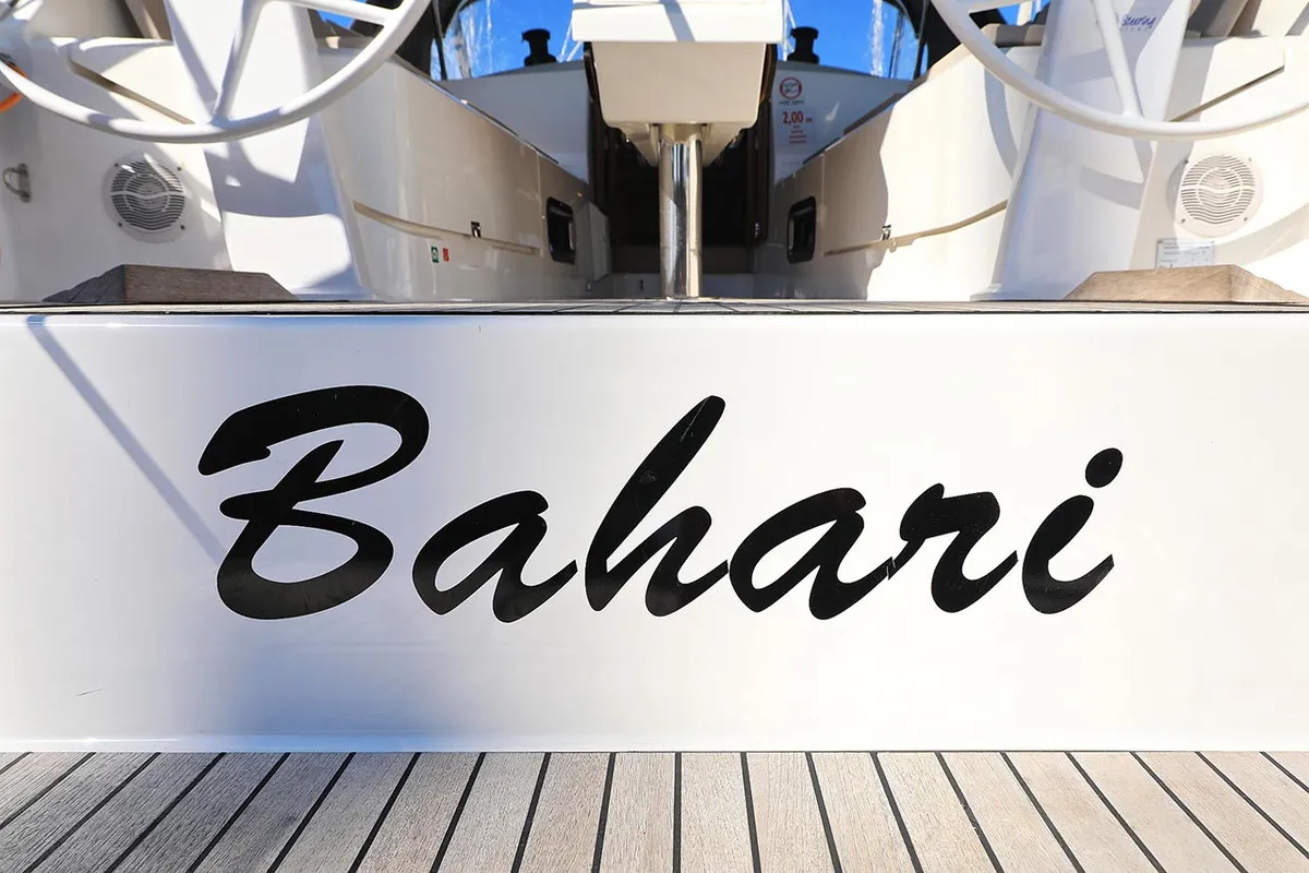Exterior view of Bahari, a Bavaria Cruiser 37 sailboat at Grad Trogir, Croatia