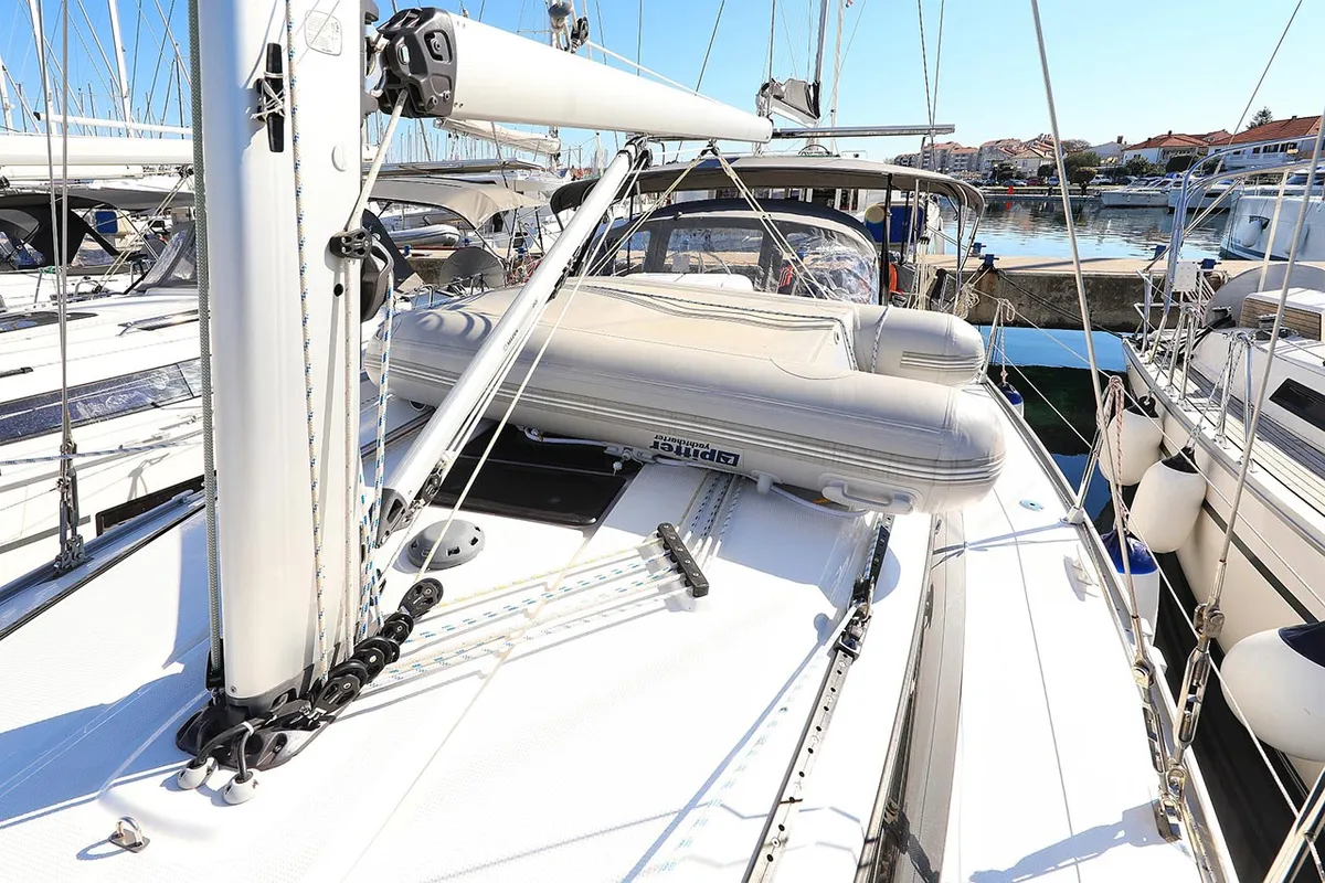 Deck of Bahari, a Bavaria Cruiser 37 sailboat at Grad Trogir, Croatia