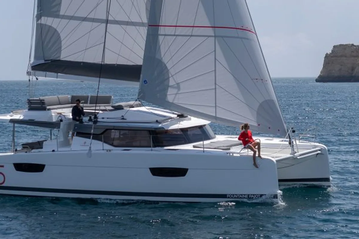 Exterior view of Fountaine Pajot Elba 45, a catamaran at Marmaris, Turkey