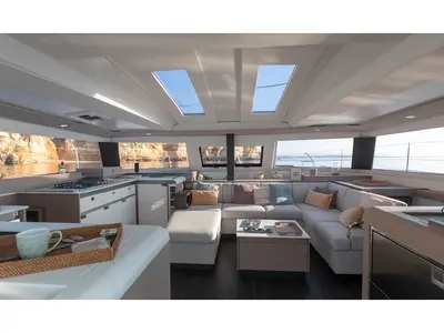 Salon of Fountaine Pajot Elba 45, a catamaran at Marmaris, Turkey