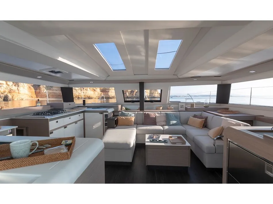 Salon of Fountaine Pajot Elba 45, a catamaran at Marmaris, Turkey