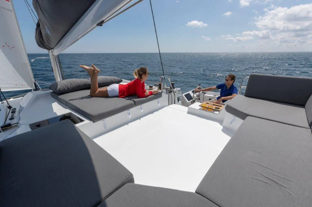 Cockpit of Fountaine Pajot Elba 45, a catamaran at Marmaris, Turkey