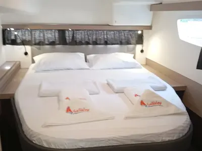 Cabin on Fountaine Pajot Elba 45, a catamaran at Marmaris, Turkey