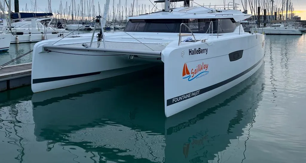 Exterior view of Fountaine Pajot Elba 45, a catamaran at Marmaris, Turkey