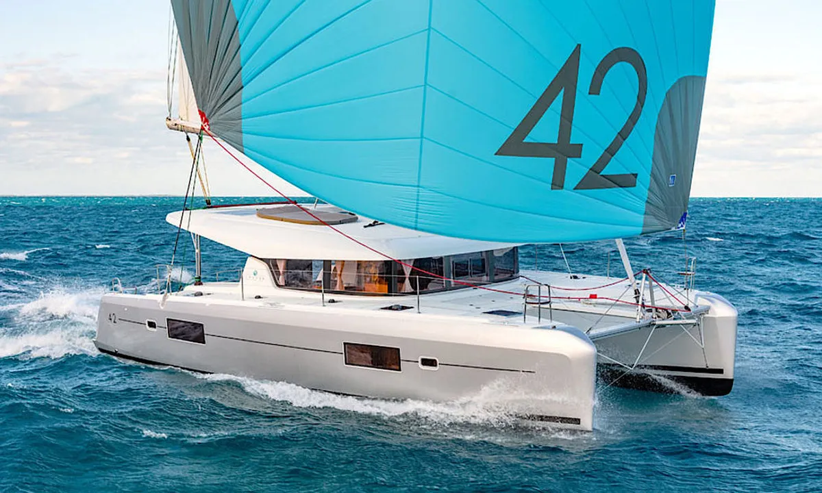 Exterior view of Sunshine, a Lagoon 42 catamaran at Palma de Mallorca, Spain