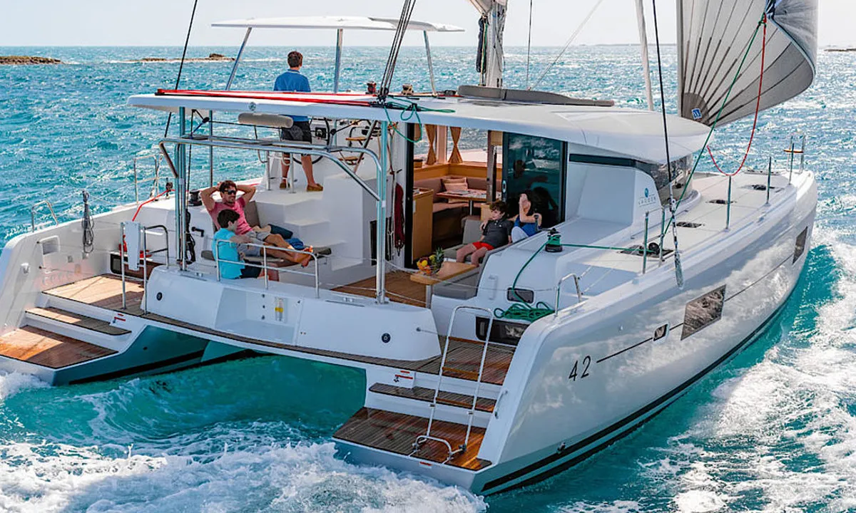 Deck of Sunshine, a Lagoon 42 catamaran at Palma de Mallorca, Spain