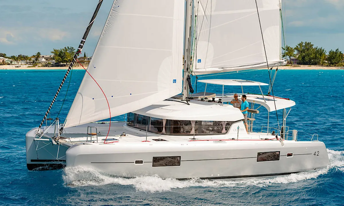 Exterior view of Sunshine, a Lagoon 42 catamaran at Palma de Mallorca, Spain