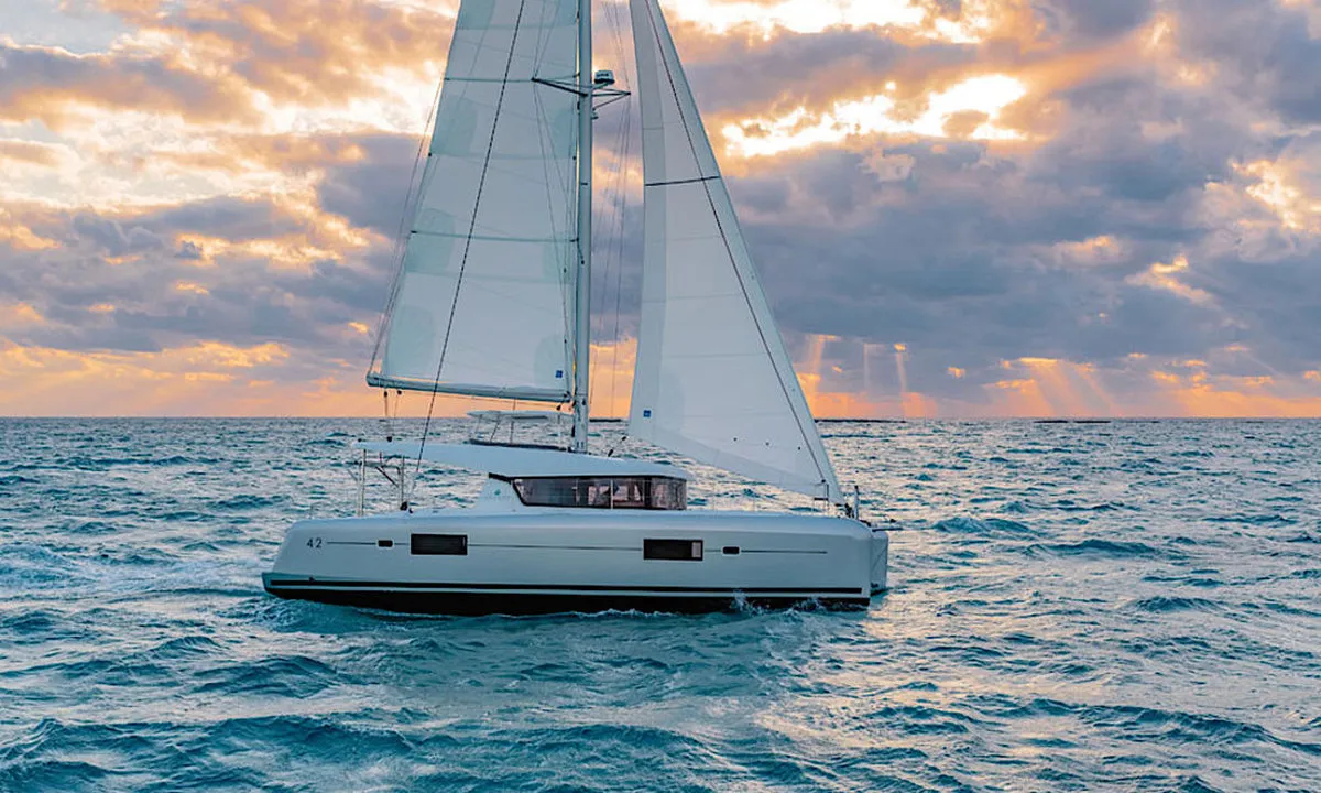 Exterior view of Sunshine, a Lagoon 42 catamaran at Palma de Mallorca, Spain