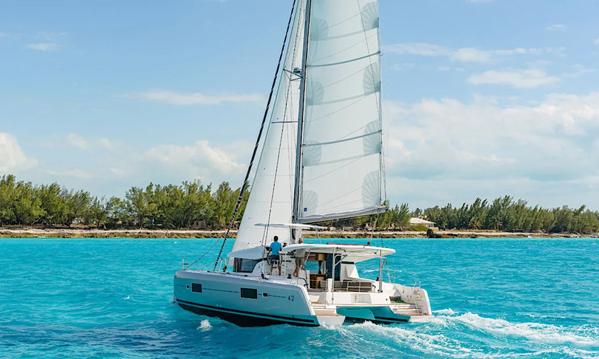Exterior view of Sunshine, a Lagoon 42 catamaran at Palma de Mallorca, Spain