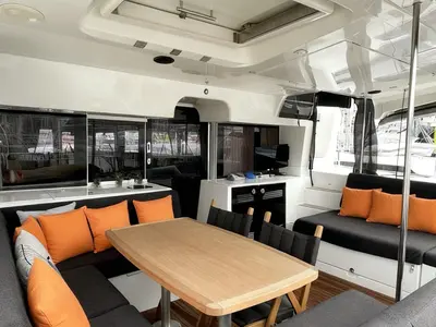 Salon of Loft, a Lagoon 450 Fly catamaran at Fethiye, Turkey