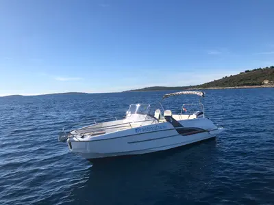 Exterior view of SPACEDeck, a Beneteau Flyer 7.7 SUNdeck motorboat at Trogir, Croatia