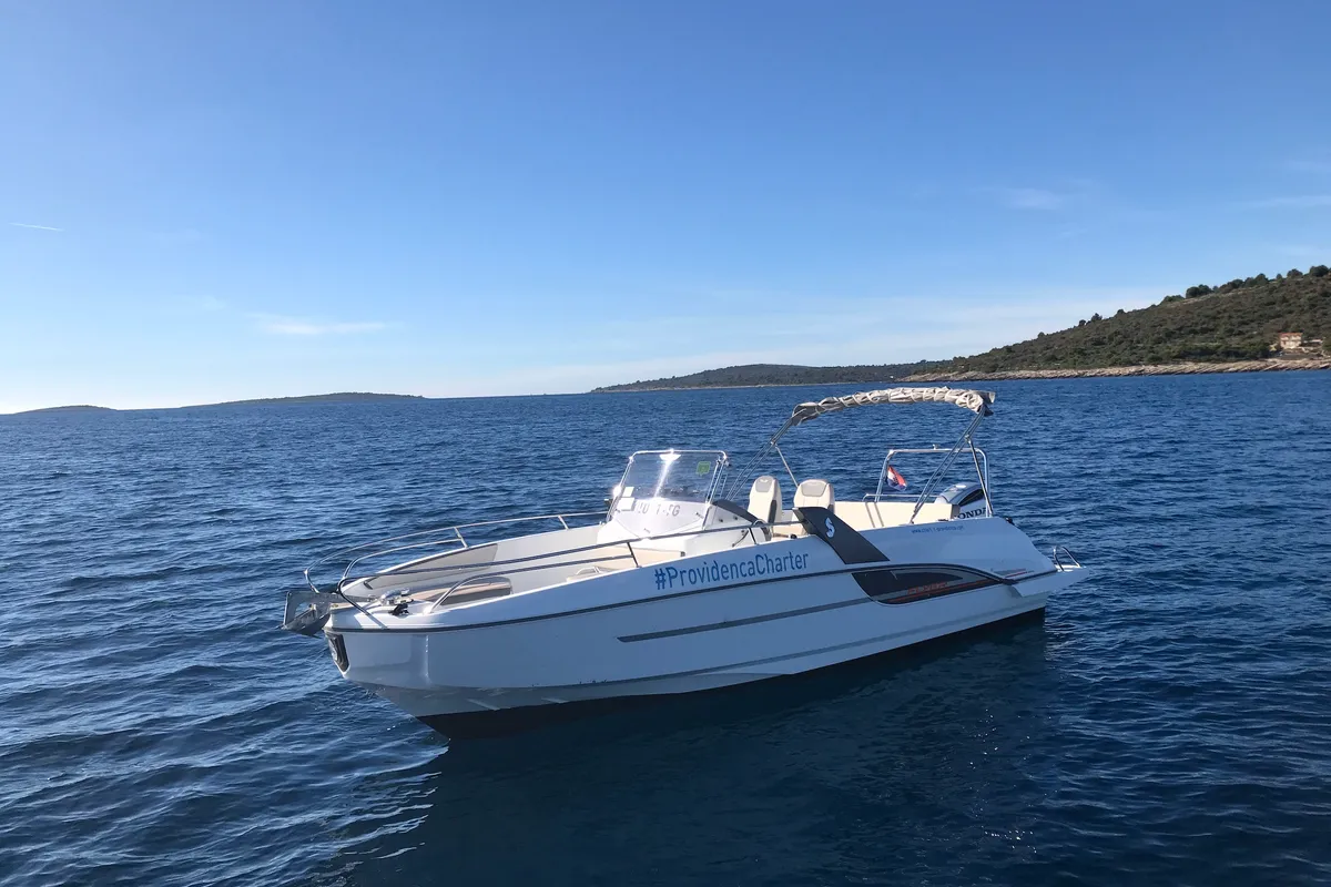 Exterior view of SPACEDeck, a Beneteau Flyer 7.7 SUNdeck motorboat at Trogir, Croatia