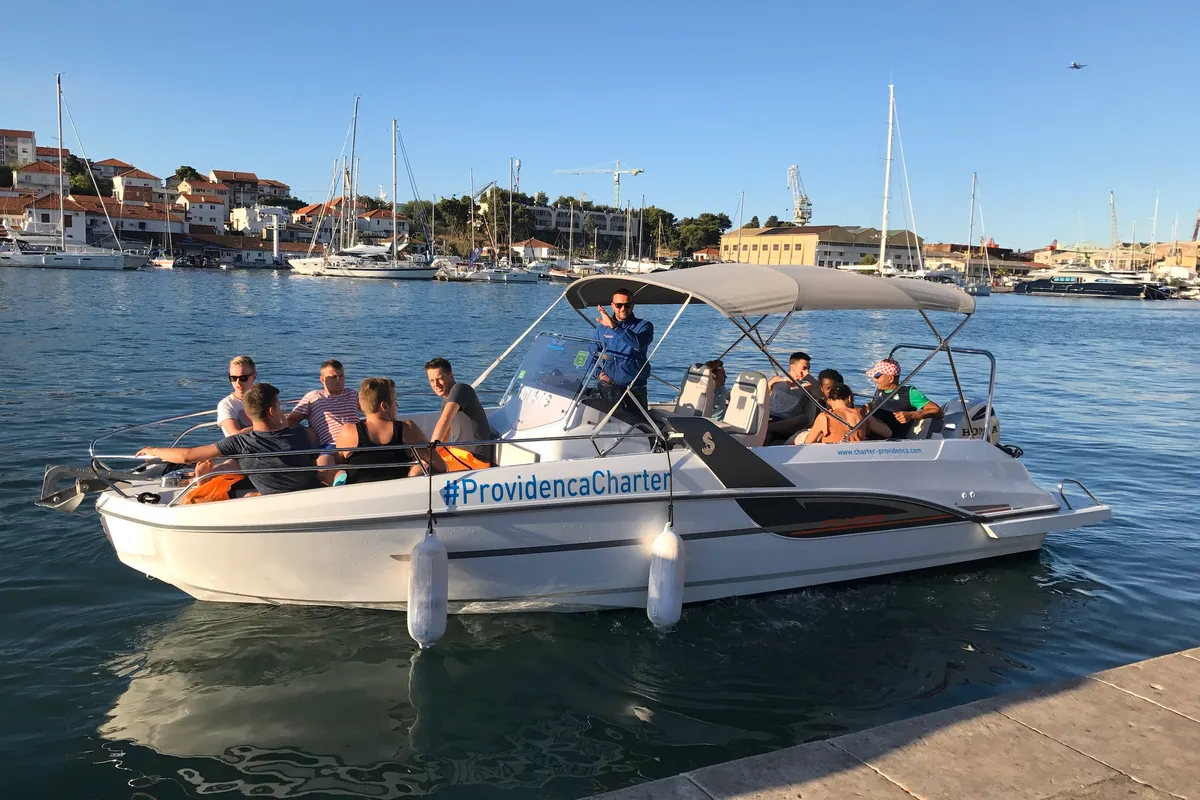 Exterior view of SPACEDeck, a Beneteau Flyer 7.7 SUNdeck motorboat at Trogir, Croatia