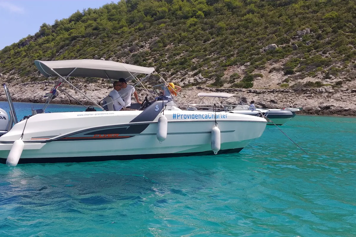 Exterior view of SPACEDeck, a Beneteau Flyer 7.7 SUNdeck motorboat at Trogir, Croatia