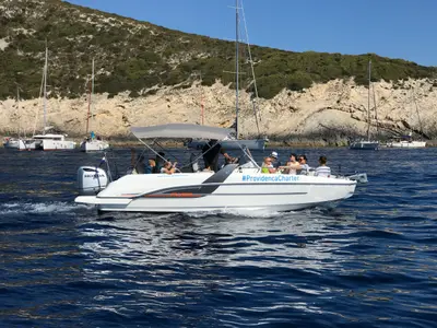 Exterior view of SPACEDeck, a Beneteau Flyer 7.7 SUNdeck motorboat at Trogir, Croatia