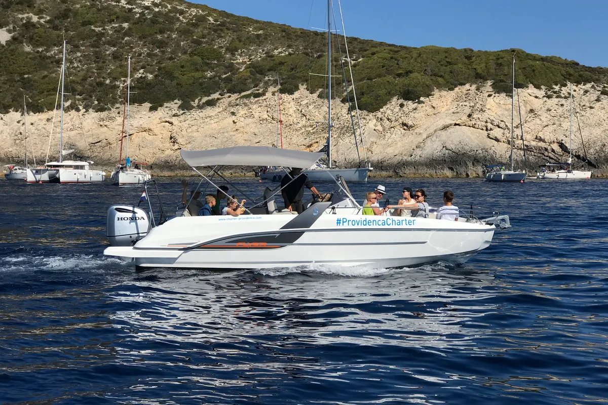 Exterior view of SPACEDeck, a Beneteau Flyer 7.7 SUNdeck motorboat at Trogir, Croatia
