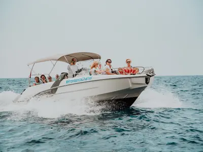 Exterior view of SPACEDeck, a Beneteau Flyer 7.7 SUNdeck motorboat at Trogir, Croatia