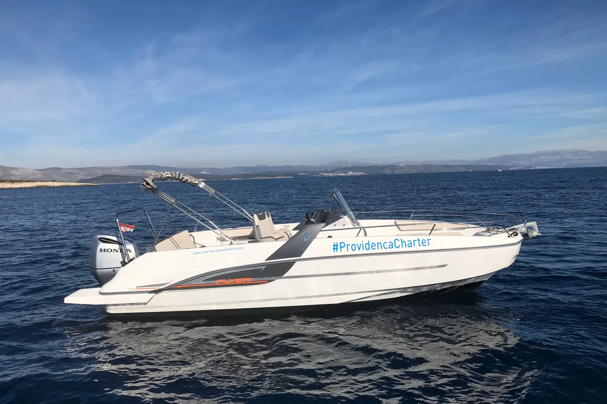 Exterior view of SPACEDeck, a Beneteau Flyer 7.7 SUNdeck motorboat at Trogir, Croatia