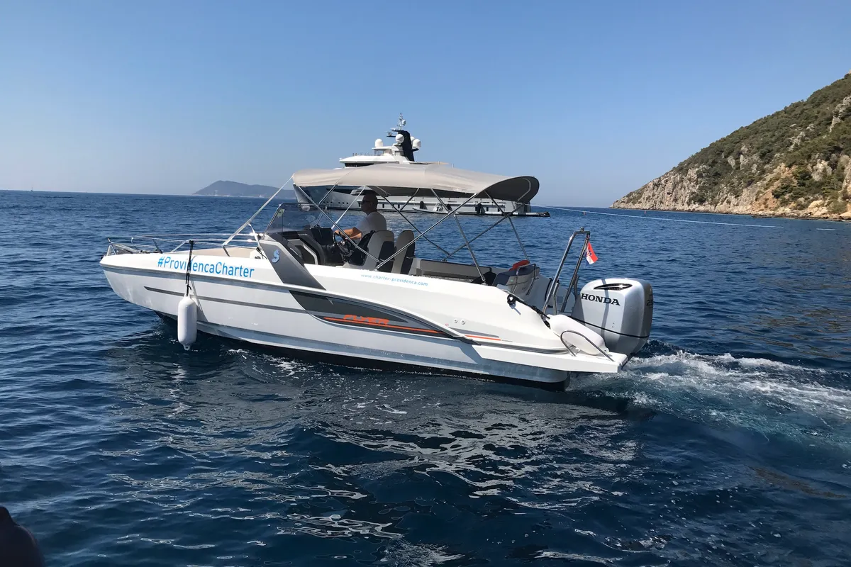 Exterior view of SPACEDeck, a Beneteau Flyer 7.7 SUNdeck motorboat at Trogir, Croatia