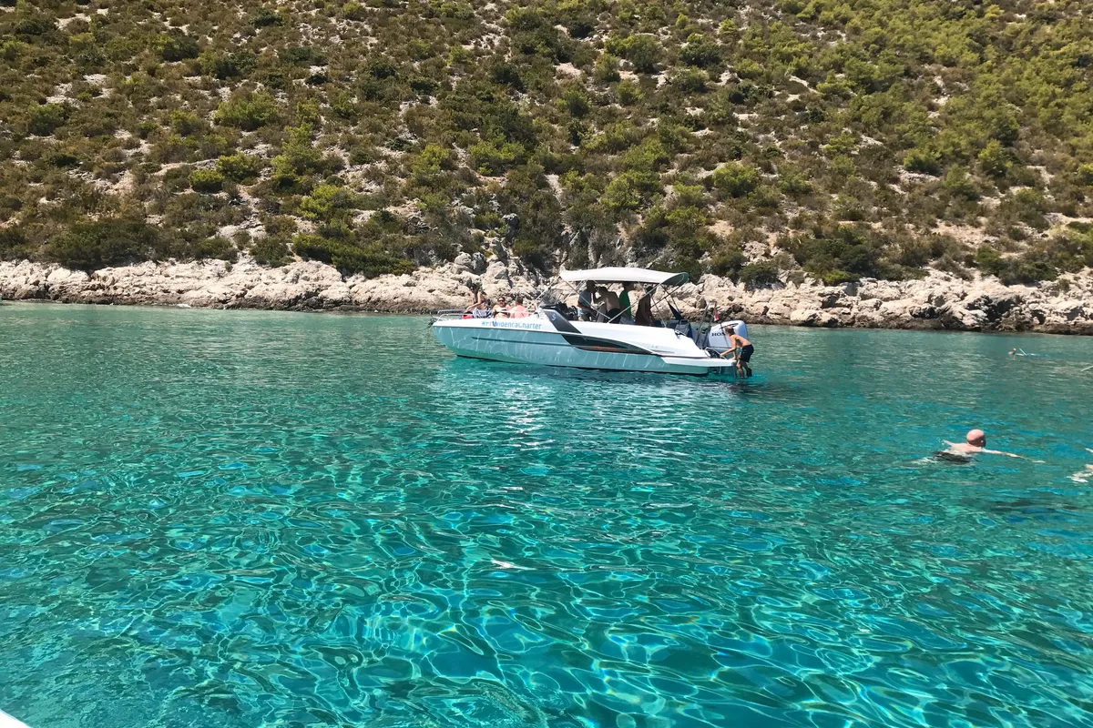 Exterior view of SPACEDeck, a Beneteau Flyer 7.7 SUNdeck motorboat at Trogir, Croatia