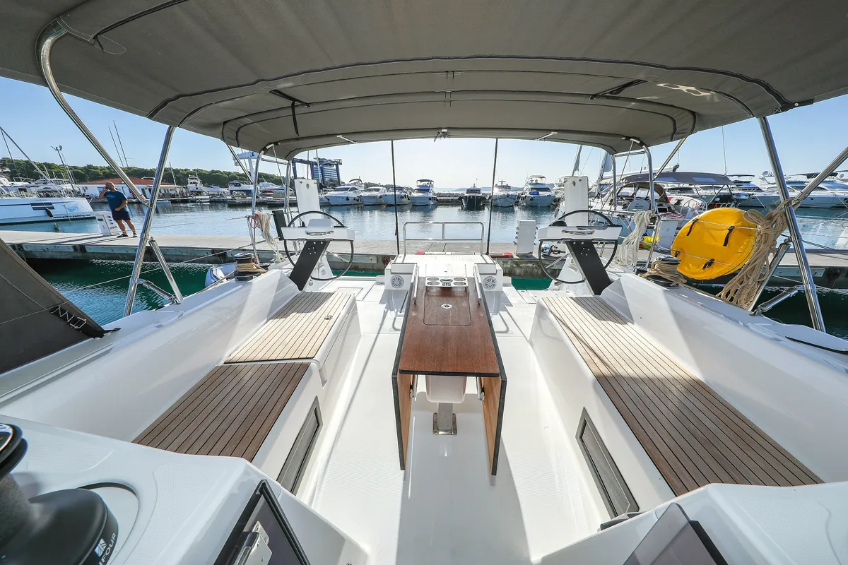 Deck of Amber, a Dufour 470 sailboat at Trogir, Croatia