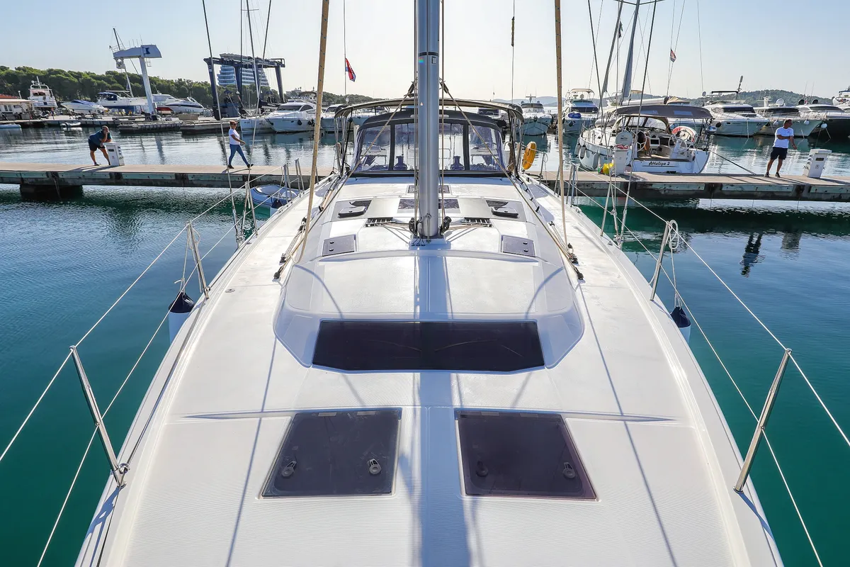 Deck of Amber, a Dufour 470 sailboat at Trogir, Croatia