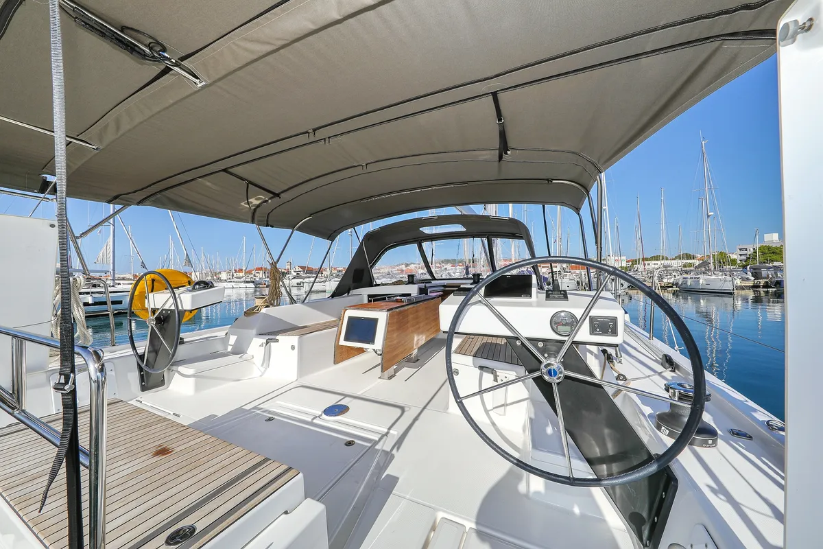 Cockpit of Amber, a Dufour 470 sailboat at Trogir, Croatia