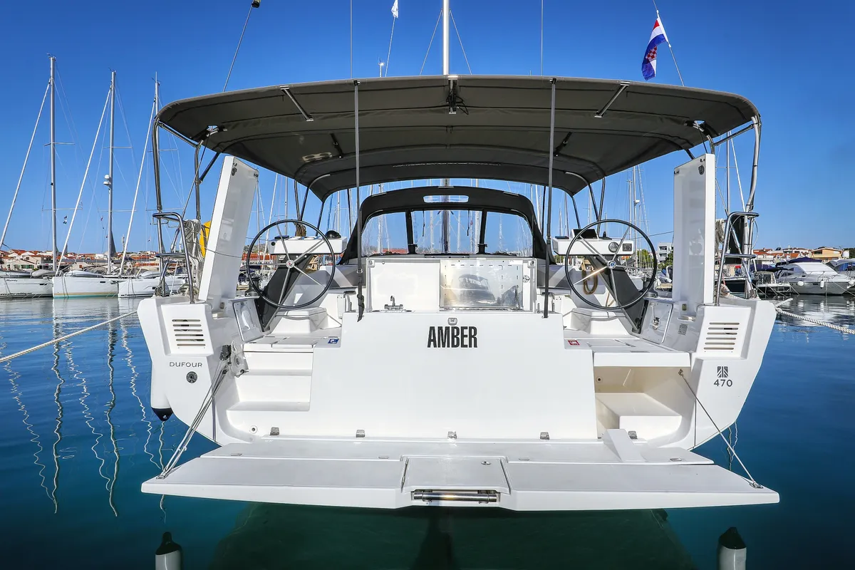 Exterior view of Amber, a Dufour 470 sailboat at Trogir, Croatia