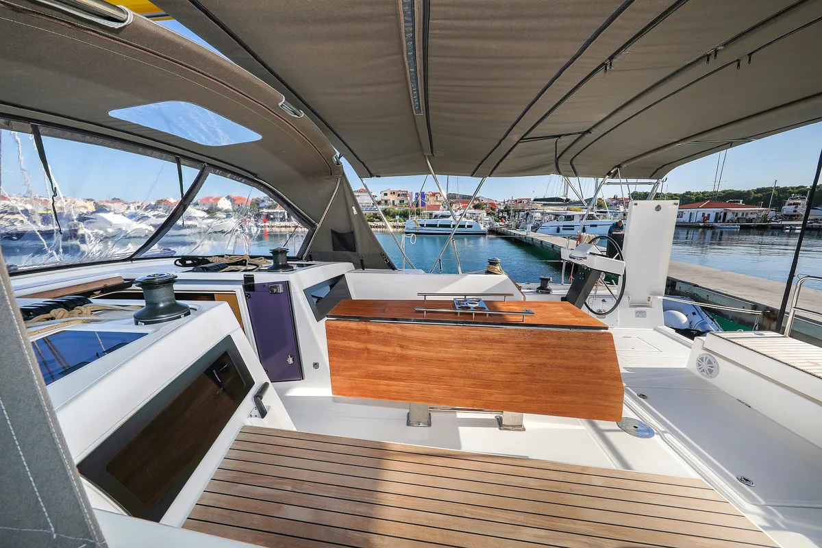 Deck of Amber, a Dufour 470 sailboat at Trogir, Croatia