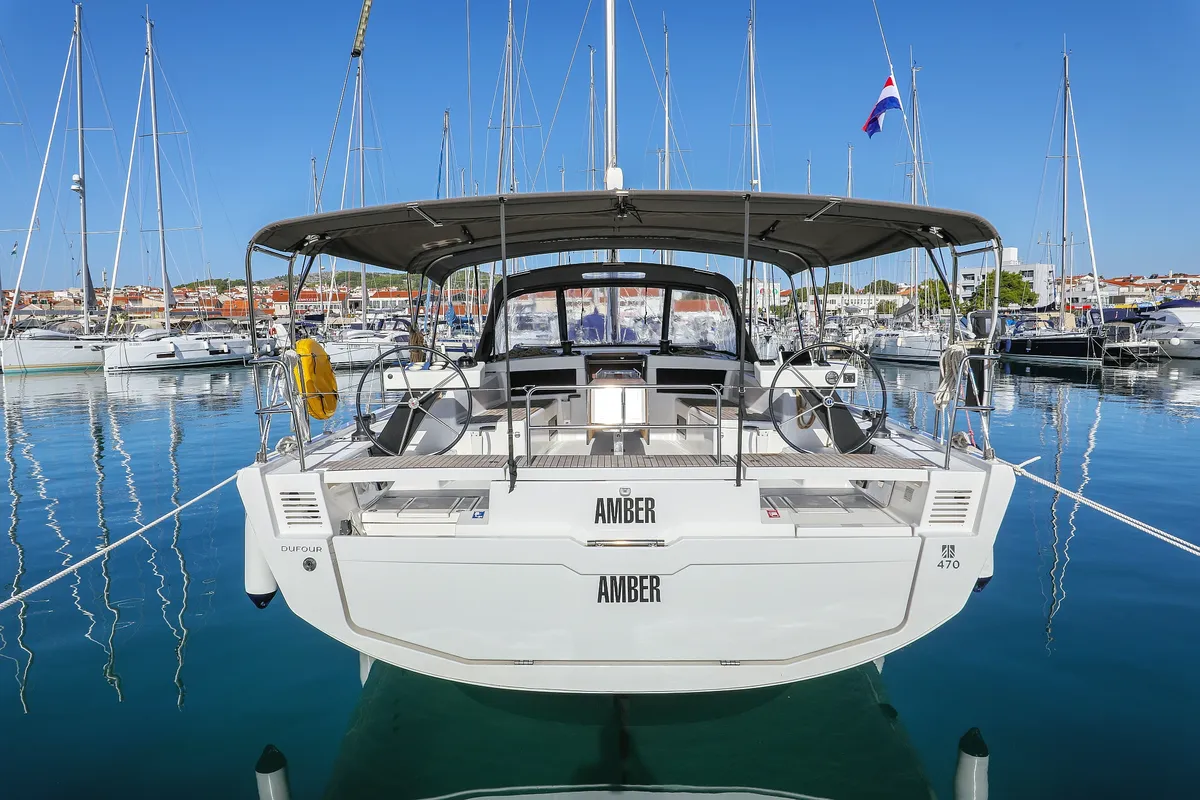 Exterior view of Amber, a Dufour 470 sailboat at Trogir, Croatia