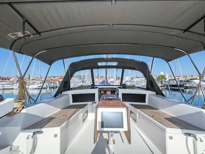 Cockpit of Amber, a Dufour 470 sailboat at Trogir, Croatia
