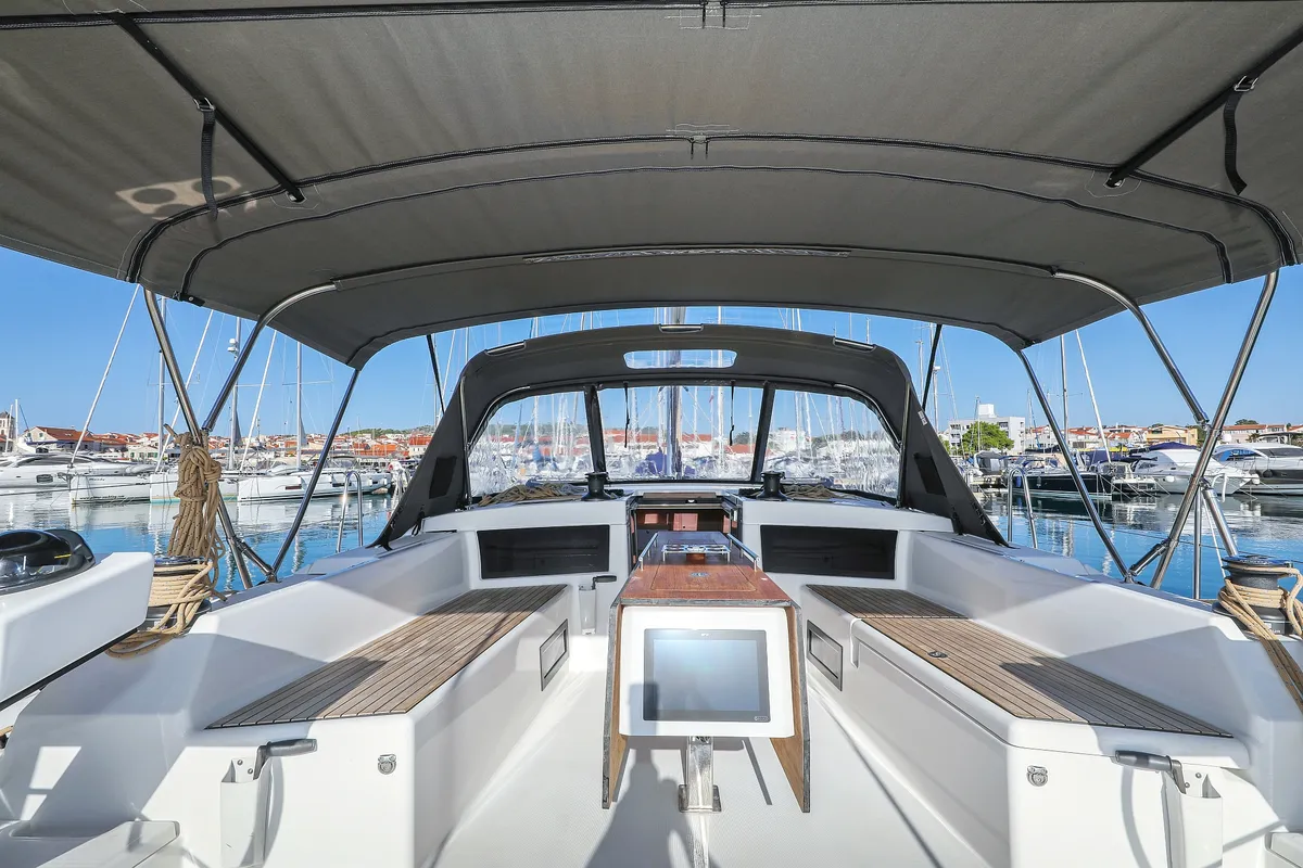 Cockpit of Amber, a Dufour 470 sailboat at Trogir, Croatia