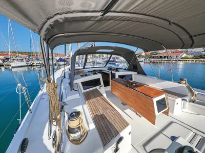 Deck of Amber, a Dufour 470 sailboat at Trogir, Croatia