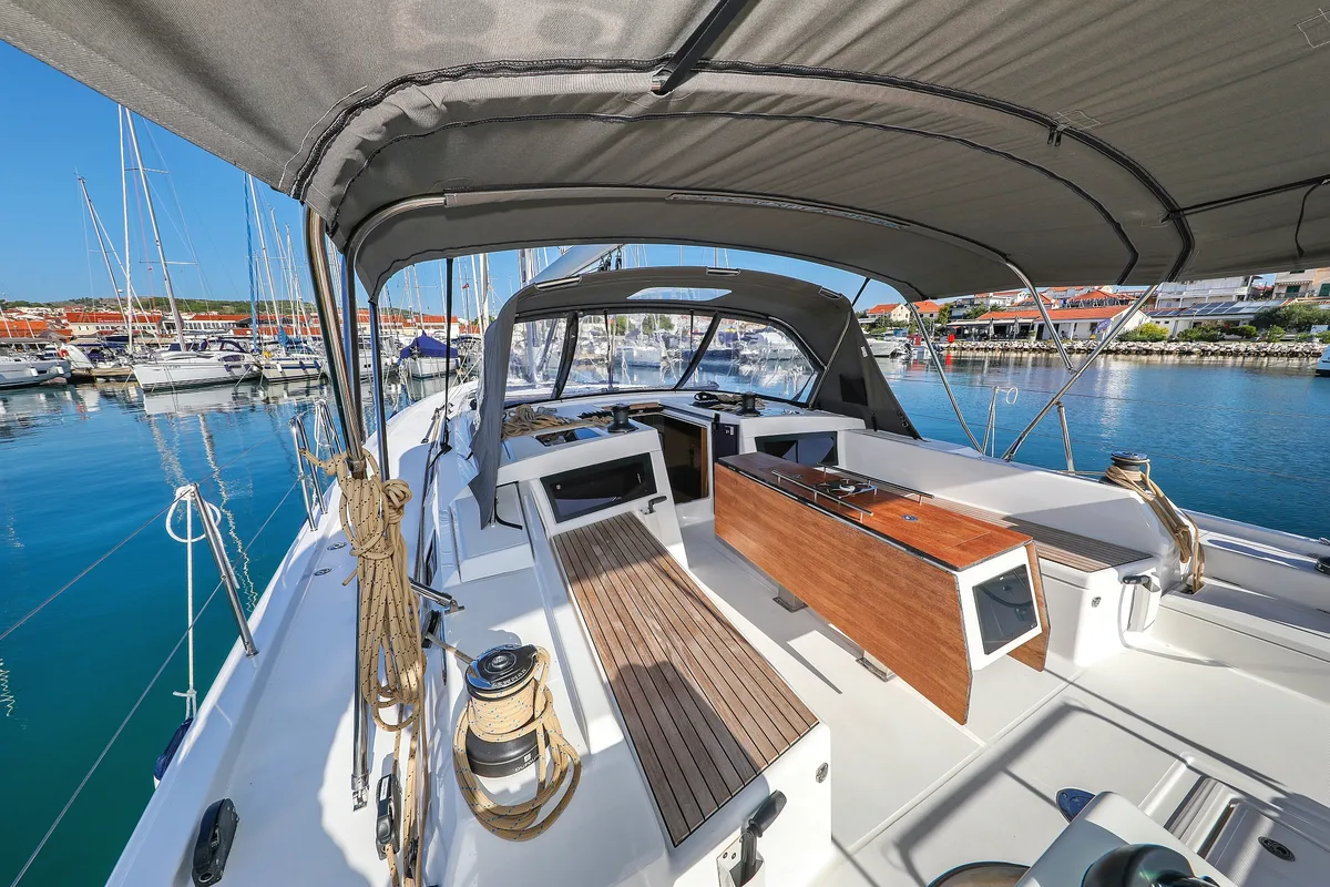 Deck of Amber, a Dufour 470 sailboat at Trogir, Croatia