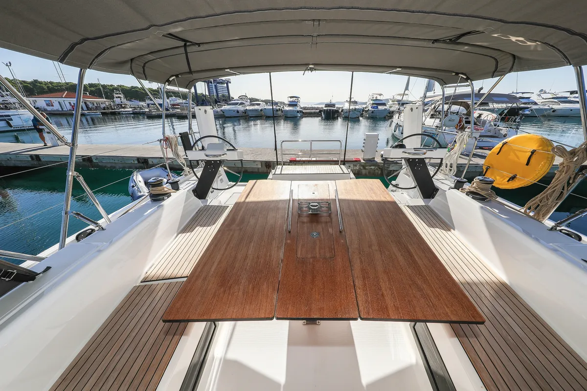 Deck of Amber, a Dufour 470 sailboat at Trogir, Croatia