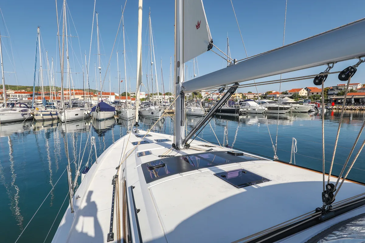 Deck of Amber, a Dufour 470 sailboat at Trogir, Croatia