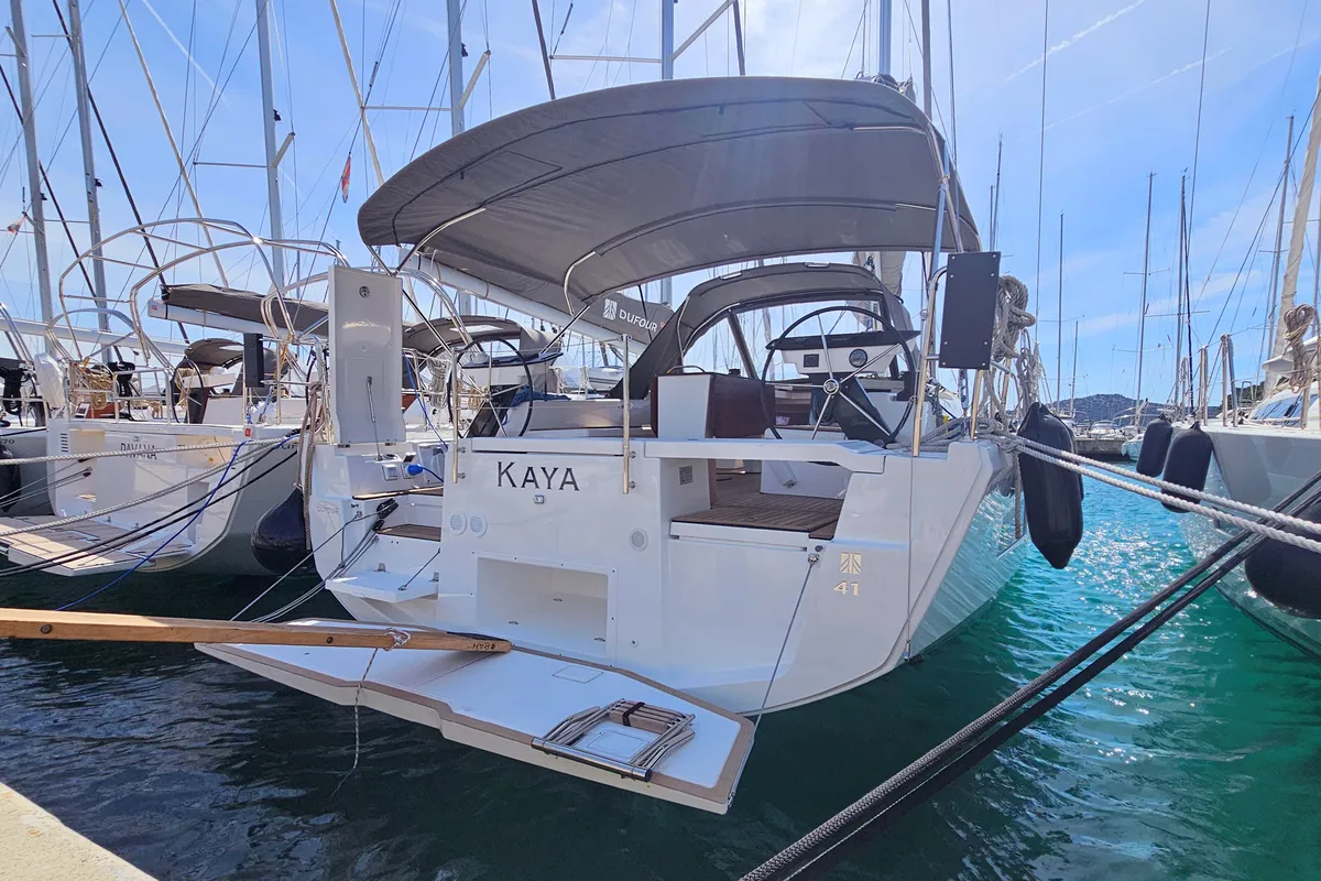 Exterior view of Kaya, a Dufour 41 sailboat at Rogoznica, Croatia