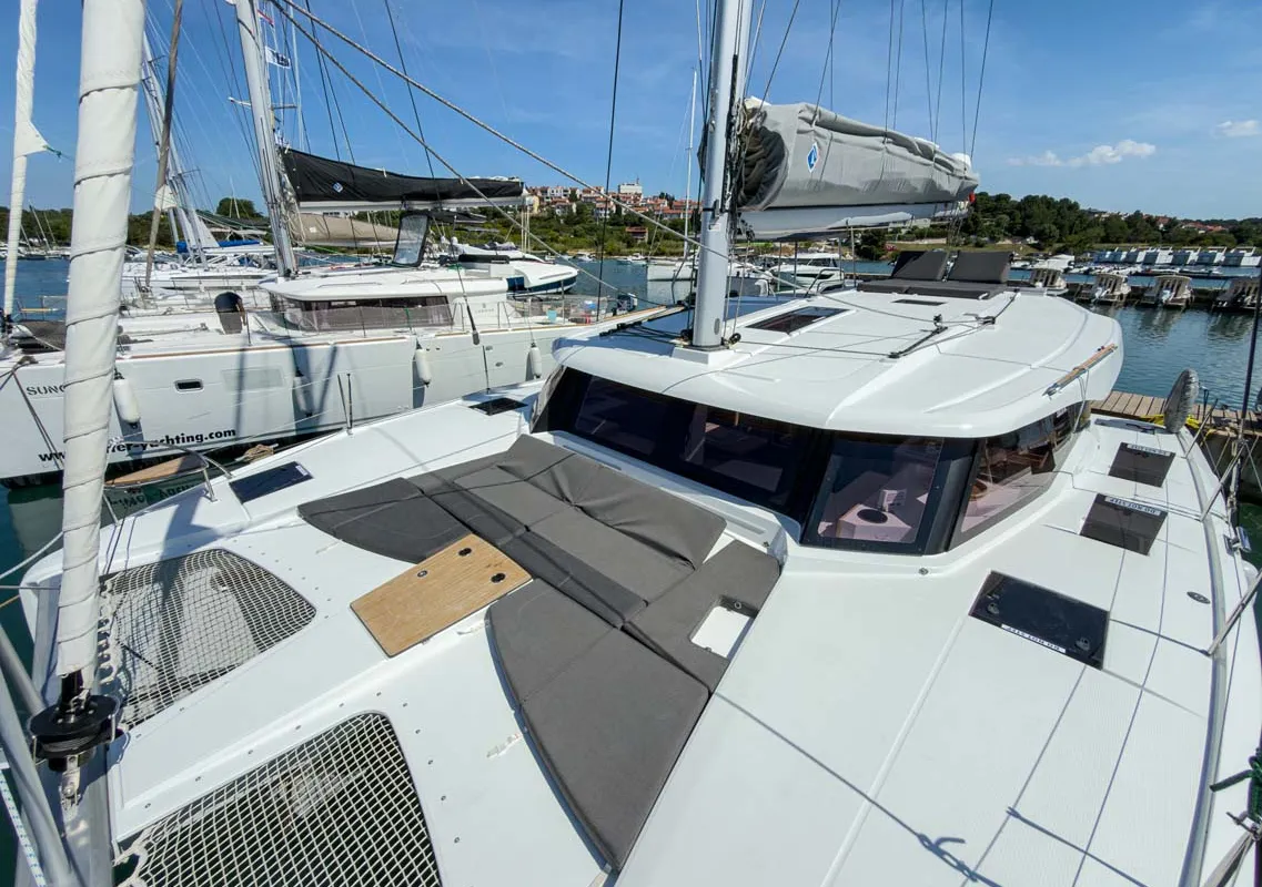 Deck of Acamar, a Fountaine Pajot FP 41 Quatuor 3 catamaran at Grad Pula, Croatia