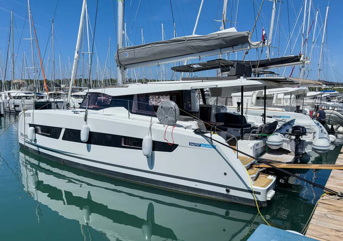 Exterior view of Acamar, a Fountaine Pajot FP 41 Quatuor 3 catamaran at Grad Pula, Croatia