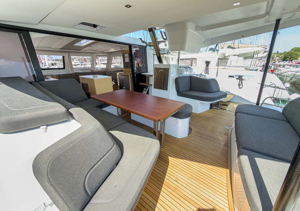 Deck of Acamar, a Fountaine Pajot FP 41 Quatuor 3 catamaran at Grad Pula, Croatia