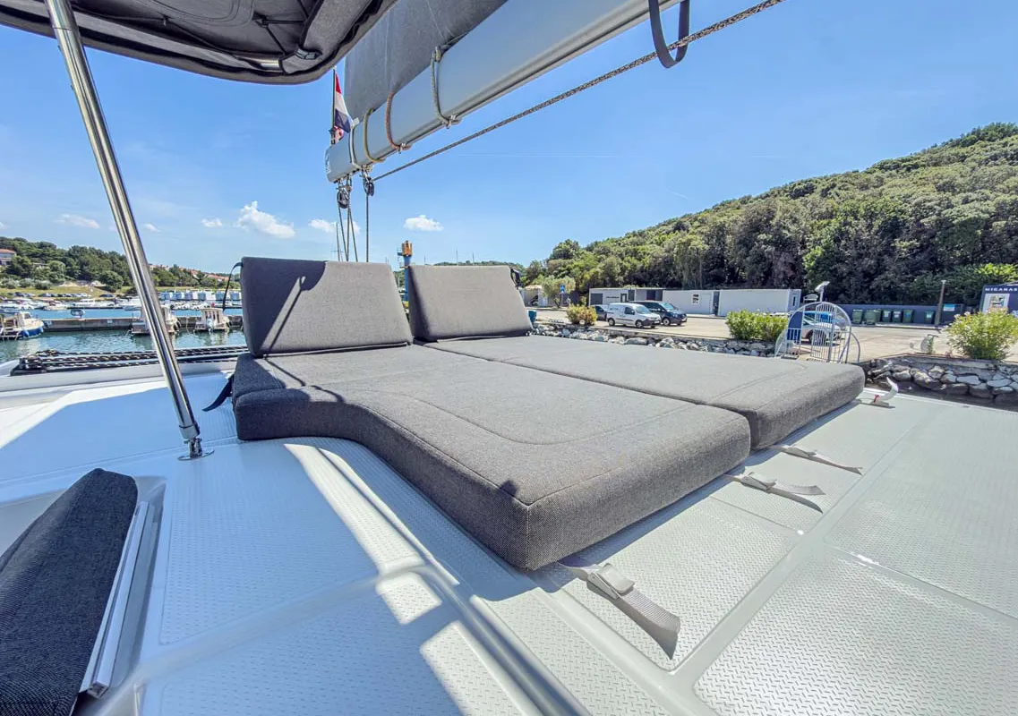 Deck of Acamar, a Fountaine Pajot FP 41 Quatuor 3 catamaran at Grad Pula, Croatia