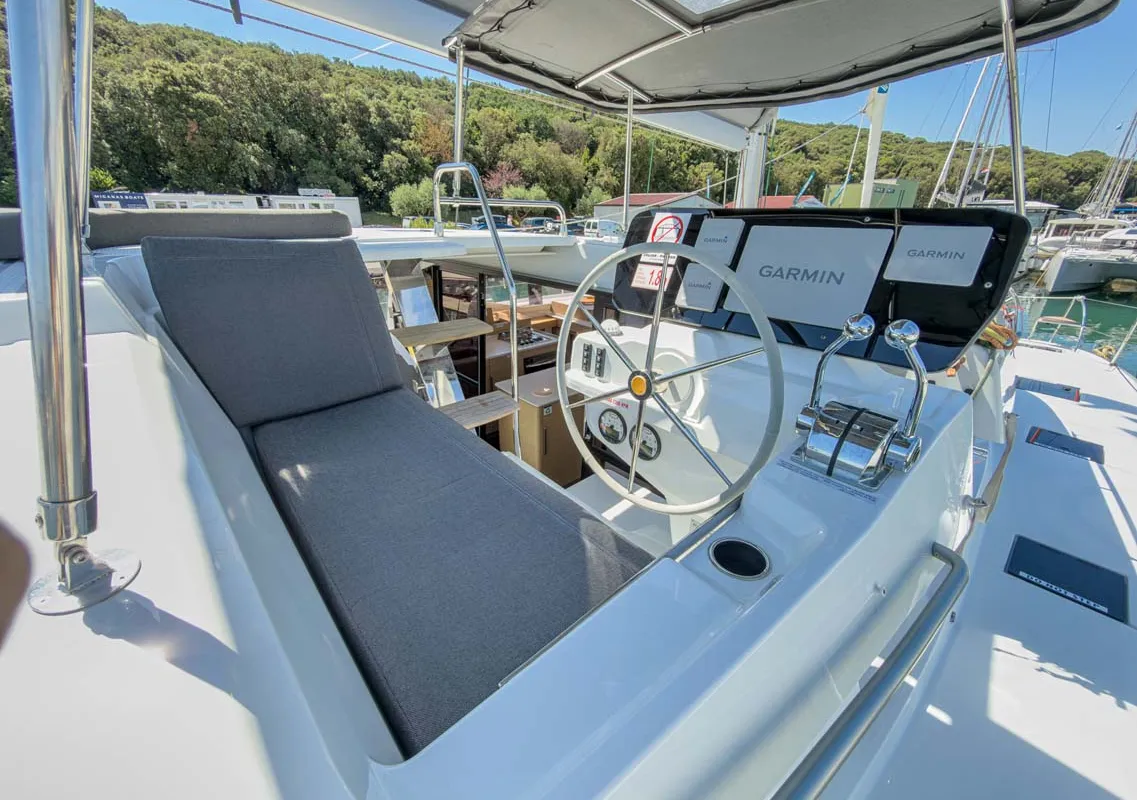Cockpit of Acamar, a Fountaine Pajot FP 41 Quatuor 3 catamaran at Grad Pula, Croatia