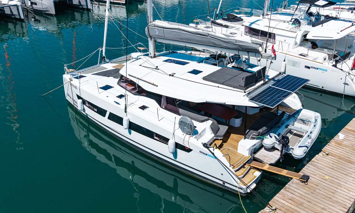 Exterior view of Acamar, a Fountaine Pajot FP 41 Quatuor 3 catamaran at Grad Pula, Croatia